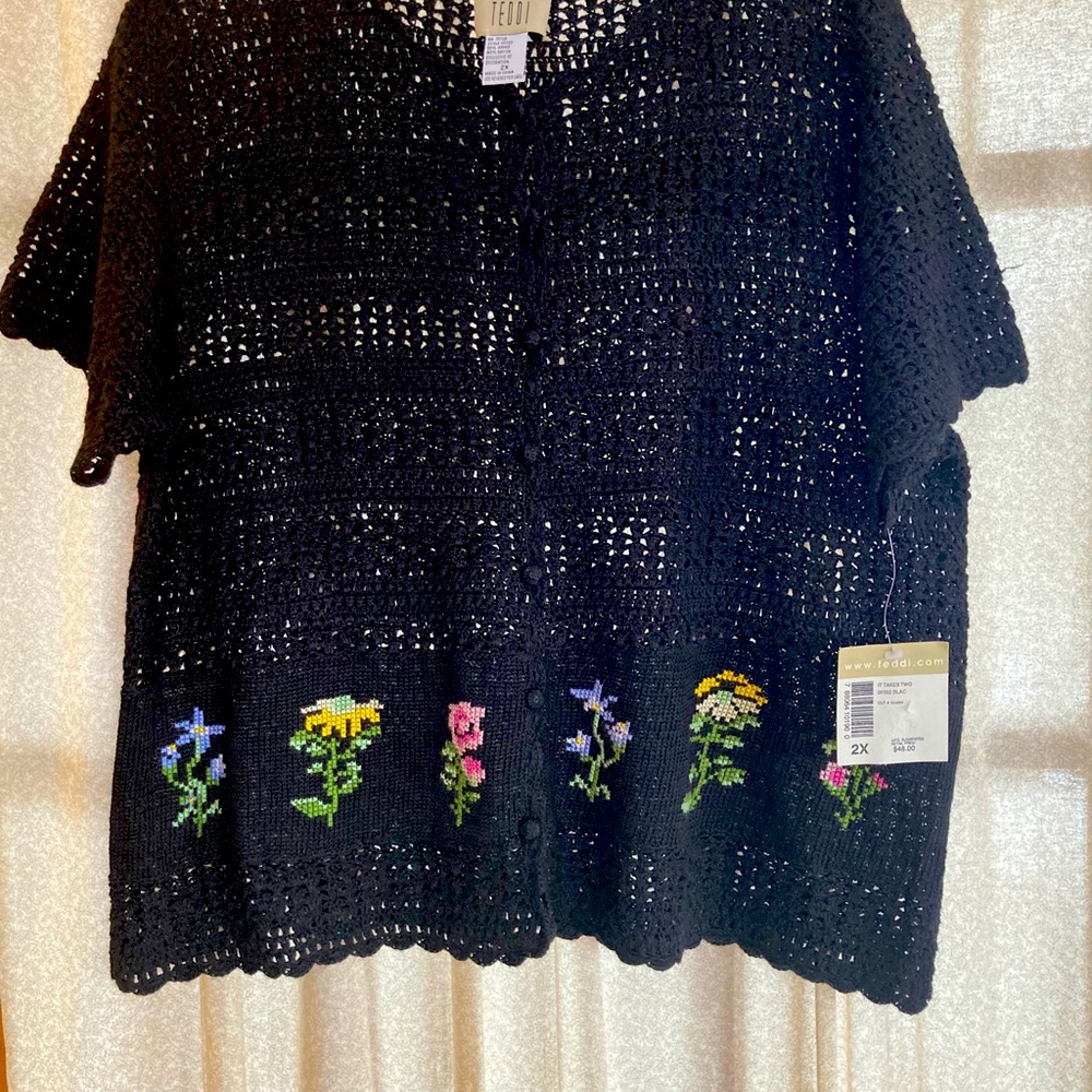 Black Button Sweater Embroidered 2X